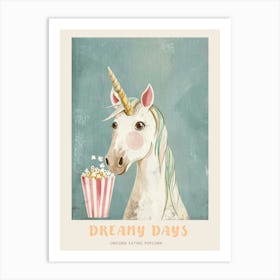 Cute Pastel Unicorn Eating Popcorn Blue Background 4 Poster Art Print