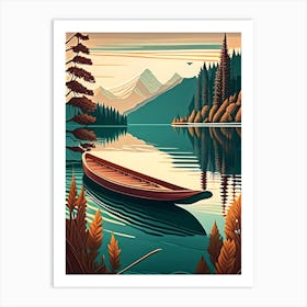 Canoe On Lake Water Waterscape Retro Illustration 1 Art Print