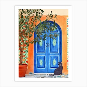 Greek Blue Door Cat Art Print