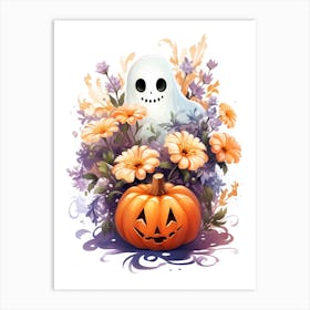 Cute Ghost With Pumpkins Halloween Watercolour 70 Art Print