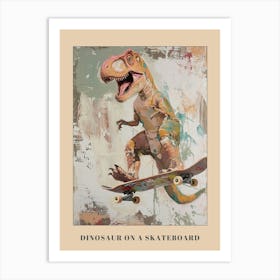 Mustard Tones Dinosaur On A Skateboard 3 Poster Art Print