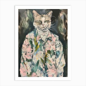 Animal Party: Crumpled Cute Critters with Cocktails and Cigars Cat In Floral Shirt 3 Art Print