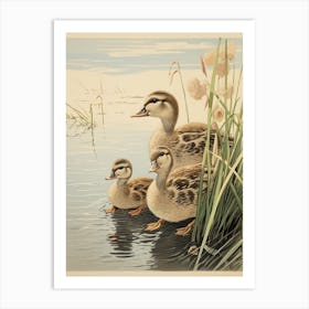 Japanese Woodblock Style Duckling Family 6 Art Print