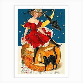 Halloween Greetings, Young Witch Sitting On A Pumpkin, Her Black Cat And A Flying Bat Art Print