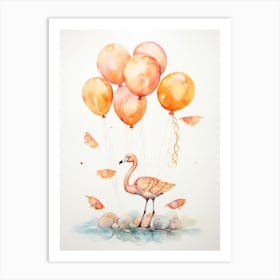 Flamingo Flying With Autumn Fall Pumpkins And Balloons Watercolour Nursery 1 Art Print