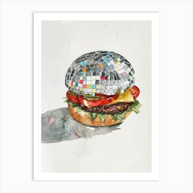 Disco Ball Burger Art Print Trendy Retro Watercolor Painting Kitchen Art Print