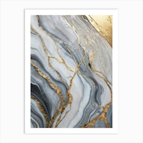 Abstract Marble Artwork Featuring Sinuous Gold And Silver Waves Flowing Amidst A Swirling Ocean Of V (3) Art Print