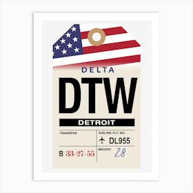 Detroit (DTW) Michigan, USA Vintage Airline Luggage Tag Art Print