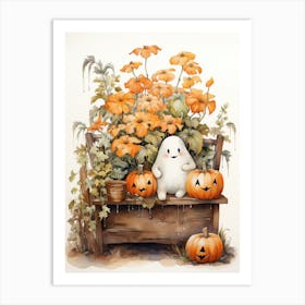 Cute Bedsheet Ghost, Botanical Halloween Watercolour 32 Art Print