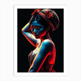 Asian Woman Neon Lit Art Print