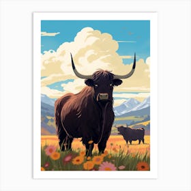 Two Black Bulls In The Floral Highlands Field Art Print