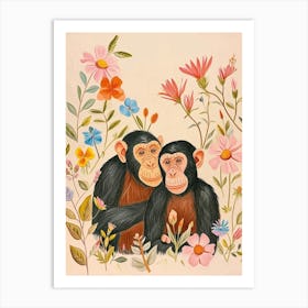 Folksy Floral Animal Drawing Chimpanzee 7 Art Print