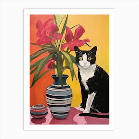 Orchid Flower Vase And A Cat, A Painting In The Style Of Matisse 0 Art Print