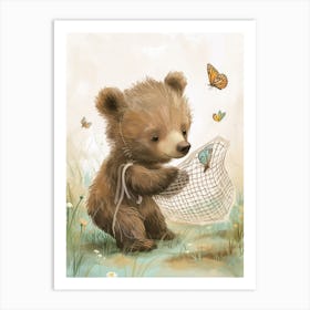 Brown Bear Cub Playing With A Butterfly Net Storybook Illustration 1 Art Print