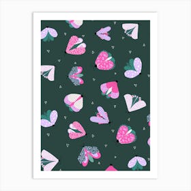 Scattered Colorful Moths and Little Triangles Multicolor on Dark Emerald Art Print