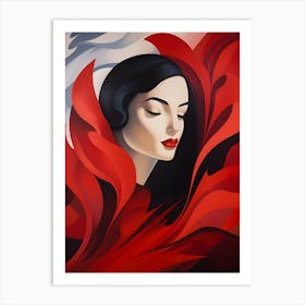 "Crimson Elegance: Enigmatic Portrait of a Woman in Red" Art Print