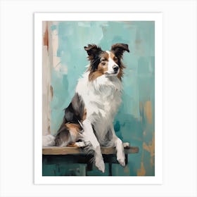 Border Collie Dog, Painting In Light Teal And Brown 2 Art Print
