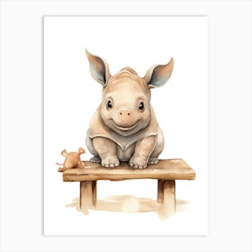 Baby Rhino On A Toy Car, Watercolour Nursery 2 Art Print