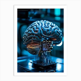 A Futuristic Ai Chip Represented By A Cybernetic Brain Pulsing With Life Adorned With Glowing Circu Art Print