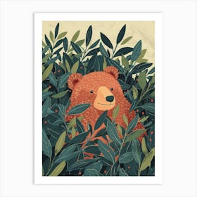 Sloth Bear Hiding In Bushes Storybook Illustration 1 Art Print