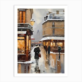 Paris cafes, winter season, Christmas, autumn oil colors, pale colors, pedestrians in the street, winter clothes, falling snow.5 Art Print