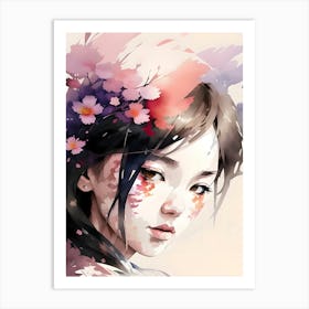 Asian Girl With Flowers Watercolor Painting Art Print