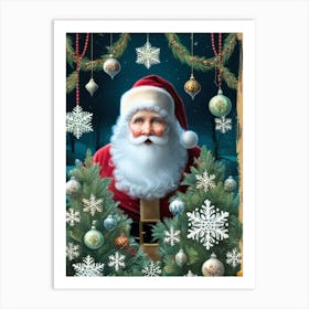 Santa Claus And Snowflakes Art Print