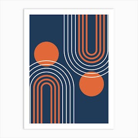 Mid Century Modern Geometric B21 In Navy Blue And Orange (Rainbow And Sun Abstract) Art Print