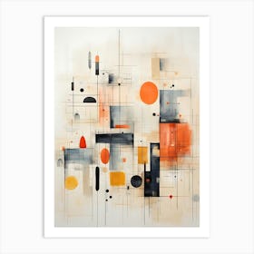 Abstract Watercolor Painting With Geometric Shapes And Lines In Orange Gray And Beige Tones Art Print