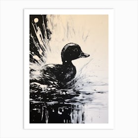 Black & White Painting Of Duckling Gliding Along The Pond 2 Art Print