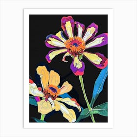 Neon Flowers On Black Zinnia 3 Art Print