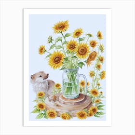 Sunflowers And Dog 1 Art Print