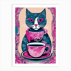 Pink Paisley Coffee Cat Art Print