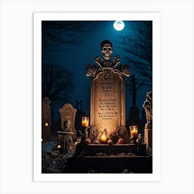 A Wooden Signboard Bathed In An Eerie Glow From A Full Moon Looming Ominously Above A Desolate Cem (7) Art Print