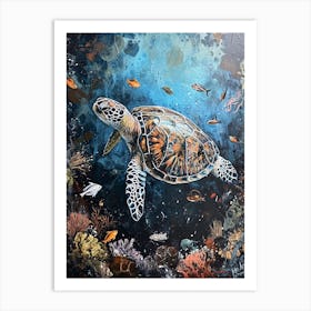 Turtle Underwater With Fish Painting 4 Art Print