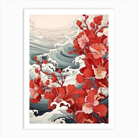 Great Wave With Orchid Flower Drawing In The Style Of Ukiyo E 1 Art Print
