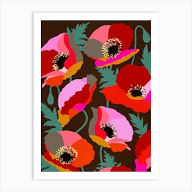 Vibrant Poppies Retro floral Pink Red Green on Brown Art Print