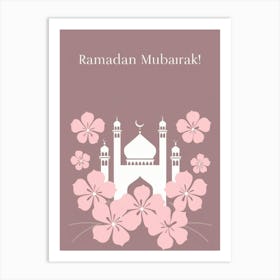 Ramadan Mubarak 2025 wall art girly pink, white and mauve mosque with pretty flowers floral wall art Art Print