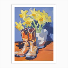 A Painting Of Cowboy Boots With Daffodils Flowers, Fauvist Style, Still Life 1 Art Print