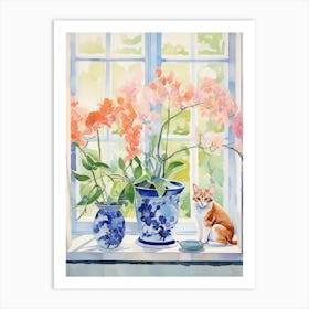Cat With Peacock Orchid Flowers Watercolor Mothers Day Valentines 2 Art Print