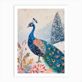 Folky Peacock In A Snow Scene 2 Art Print