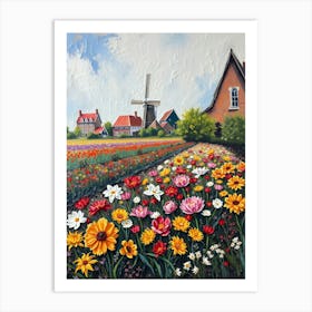 Flower Field With Windmill Art Print