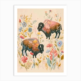 Folksy Floral Animal Drawing Bison 2 Art Print