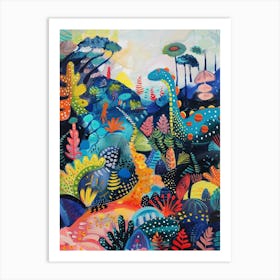 Blue Pattern Dinosaur In The Wild Painting Art Print