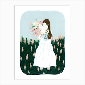 Girl Flower Meadow Painting Art Print