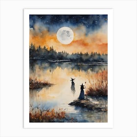 Lake Spirit ~ A Witch Communing With Spirits by the Waterside ~ Pagan Witchy Artwork Watercolour Spooky Witchcraft Illustration Art Print