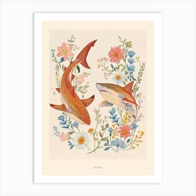 Folksy Floral Animal Drawing Shark 3 Poster Art Print