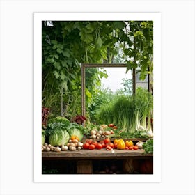 A Tranquil Domestic Garden Overflowing With Vibrant Vegetables Gleaming Tomatoes Peep From The Le (2) Art Print