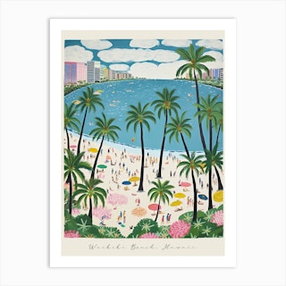 Poster Of Waikiki Beach, Honolulu, Hawaii, Matisse And Rousseau Style 3 Art Print