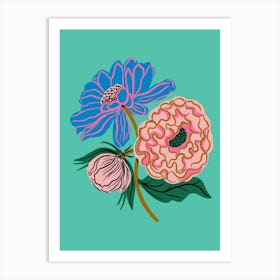 Pink And Blue Flowers on teal Art Print